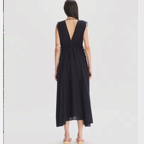 New Tory Burch Smocked Midi Dress Navy, Size S  Pockets, Adjustable Waist - Picture 3 of 9
